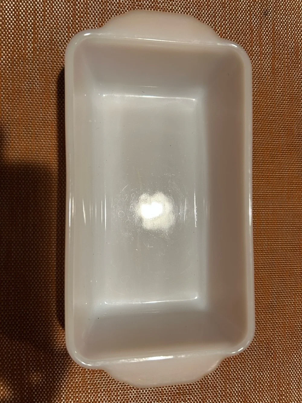Fire King #409 Peach Lustre 1Qt. Loaf Baking Dish. 9” x 5” No chips or cracks.